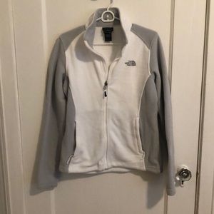 White and gray north face zip up fleece